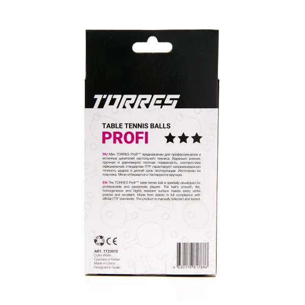 Мяч для наст. тенниса TORRES Profi 3*, TT23012, диам. 40+мм, упак. 6 шт, белый за 338.30 ₽ в Перми